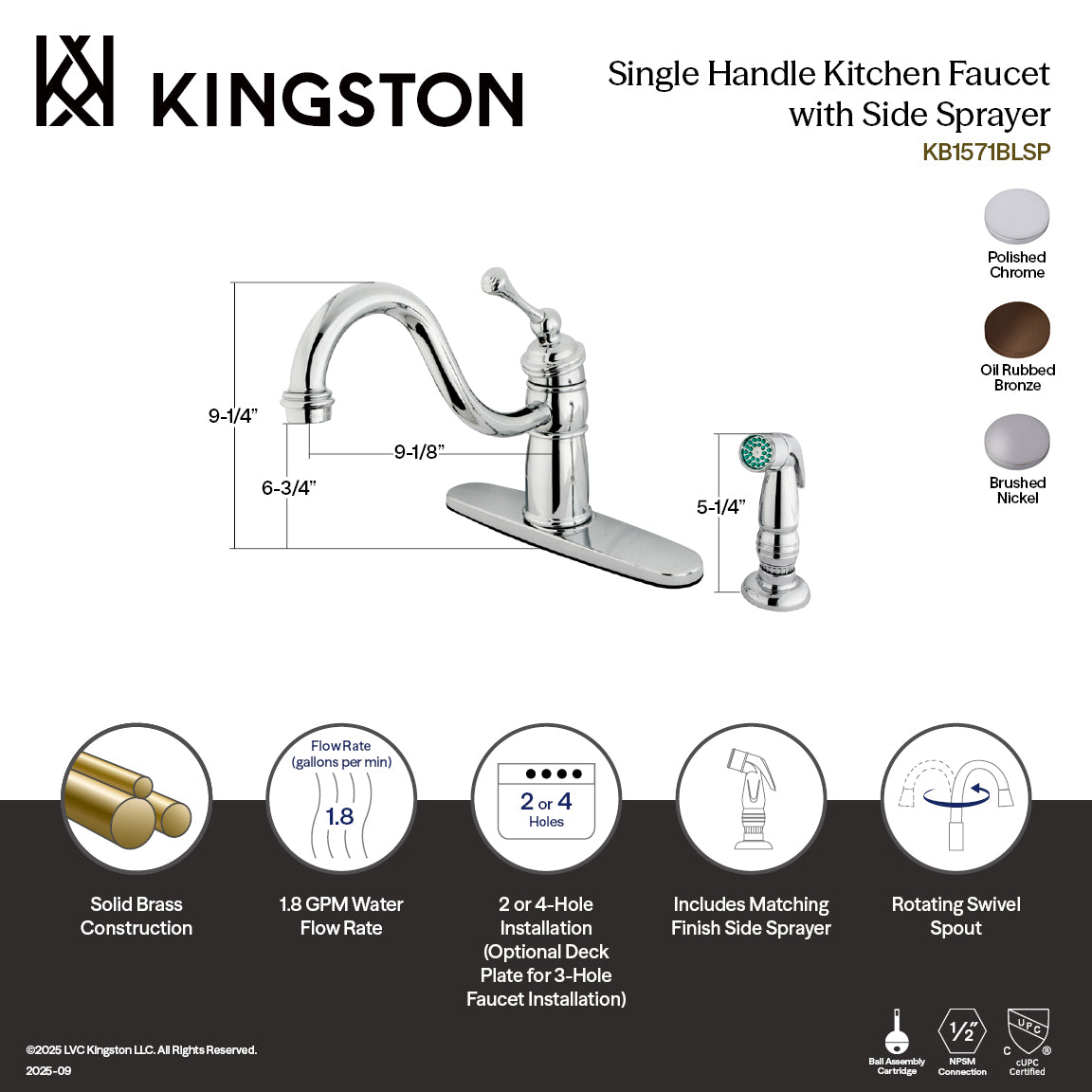 Kingston Georgian KB1571BLSP Single-Handle 2-or-4 Hole Kitchen Faucet with Side Sprayer, Polished Chrome — thumbnail 2